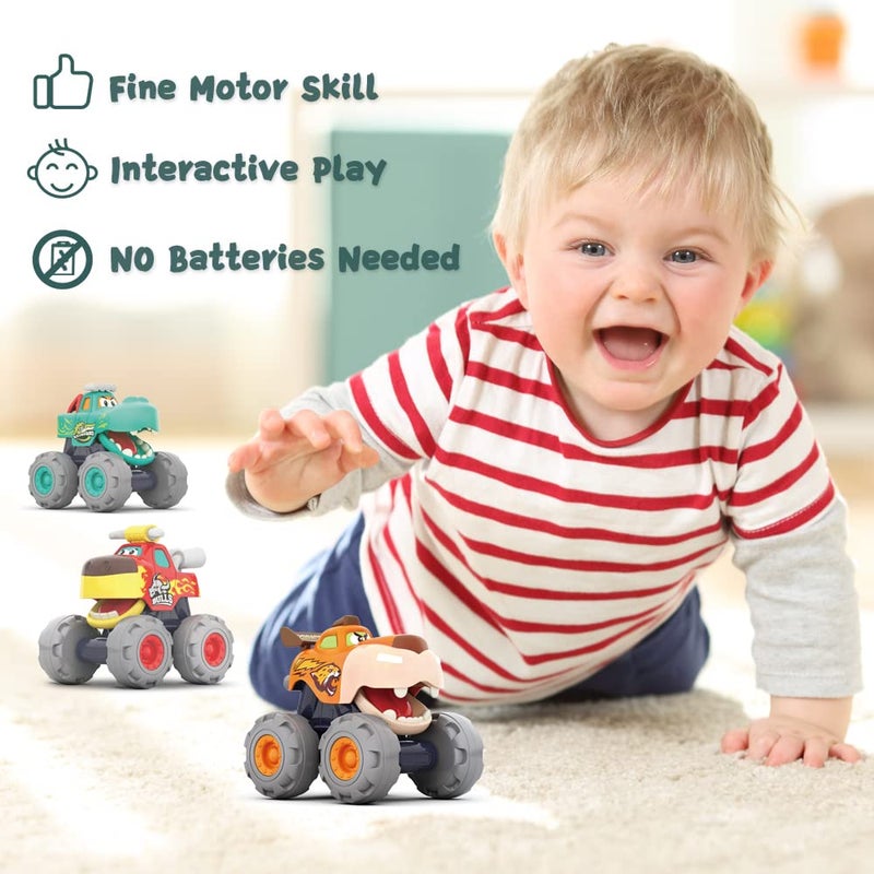 Woby Monster Truck Car Toys for 12-18 Months Baby,1-2 Birthday Gifts Toys,3 Pack of Friction Powered Pull Back Animal Cars Vehicles - Image 2